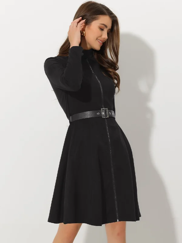 Faux Suede Stand Collar Zip Up Belted Vintage Dress Everyday wear unclassified dresses