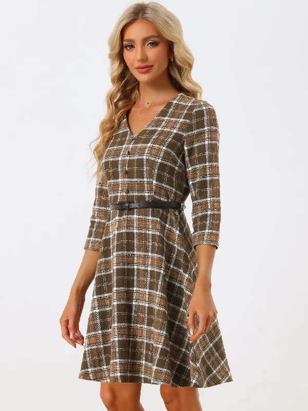 Retro Plaid V Neck 3/4 Sleeve Button Decor Belted A-Line Dress Flowy unclassified dresses