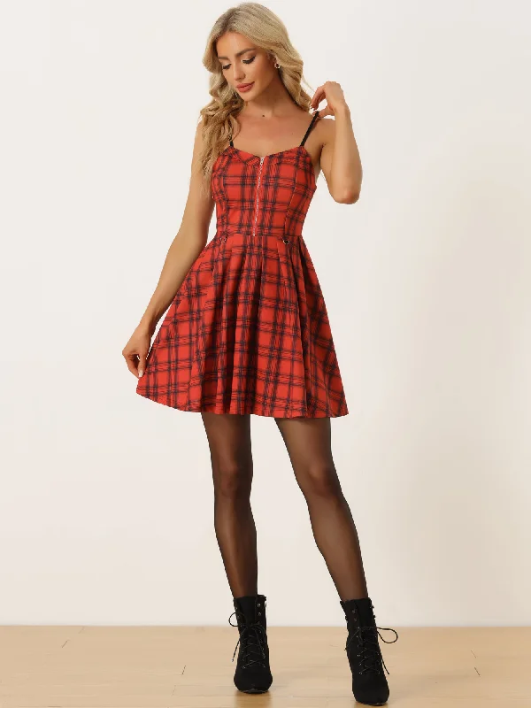 Elegant Plaid Spaghetti Strap Christmas Skater Dress Minimalist unclassified dresses