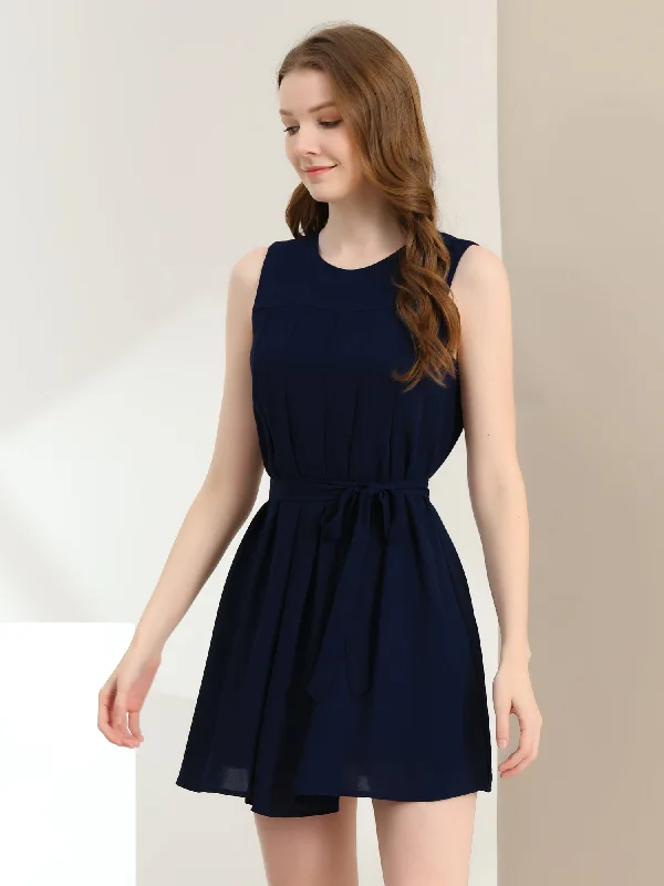 Sleeveless Round Neck Pleated Belted Chiffon Summer Dress Summer unclassified dresses