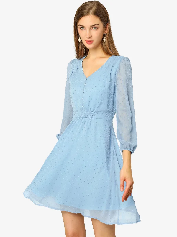 Swiss Dots Elastic Waist 3/4 Sleeve A-line Solid Flowy Chiffon Dress One-shoulder unclassified dresses