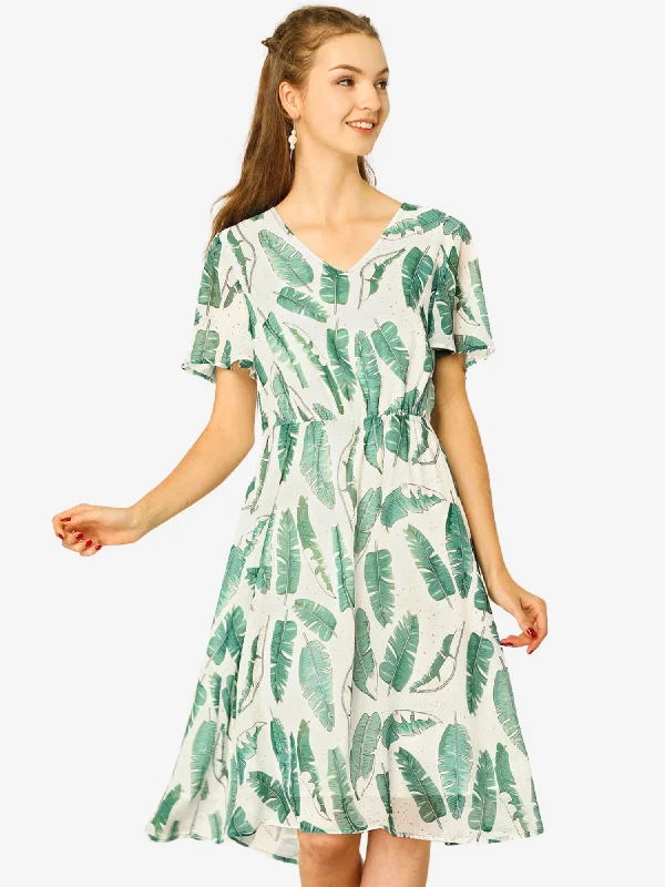 Boho Flowy Hawaiian Tropical Leaves Flutter Sleeve Chiffon Dress Summer unclassified dresses