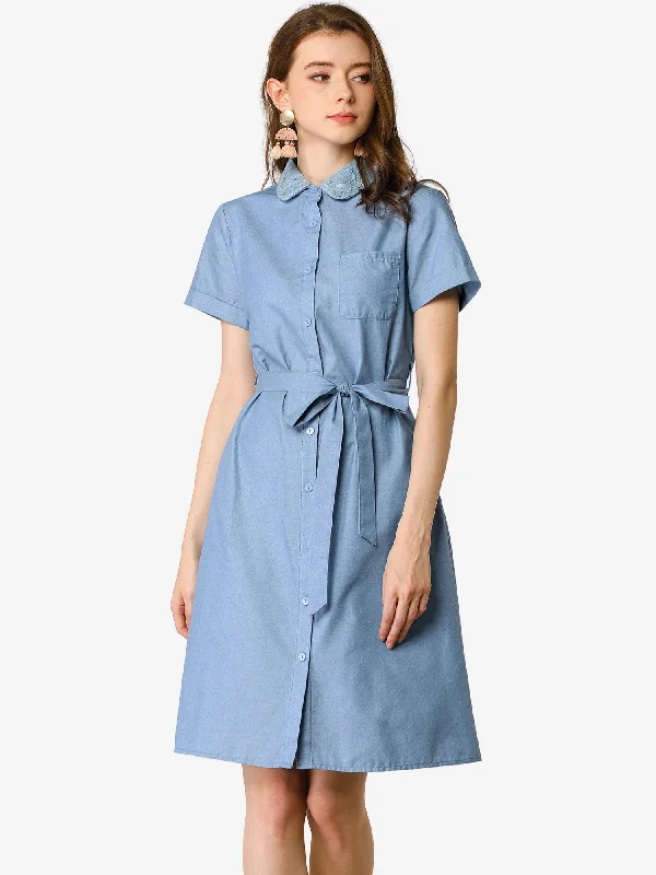 Peter Pan Collar Shift Button-Down Bow Tie Waist Cotton Dress Office unclassified dresses