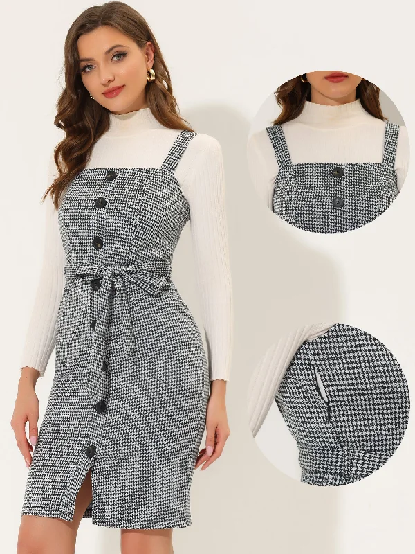 Plaid Overall Bow Tie Waist Vintage Sheath Jumper Dress Ruched unclassified dresses