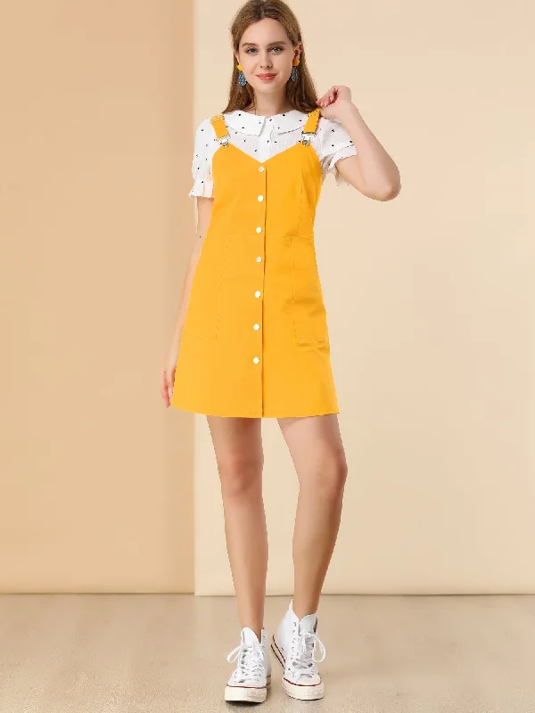 Button Down Adjustable Strap Pockets Cotton Pinafore Overall Dress Formal unclassified dresses