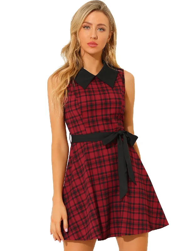 A-line Belted Vintage Sleeveless Plaid Dress Cocktail unclassified dresses