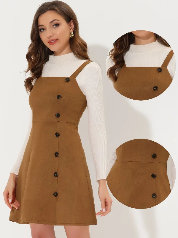 Faux Suede Button Above Knee A-Line Pinafore Overall Dress Tiered unclassified dresses