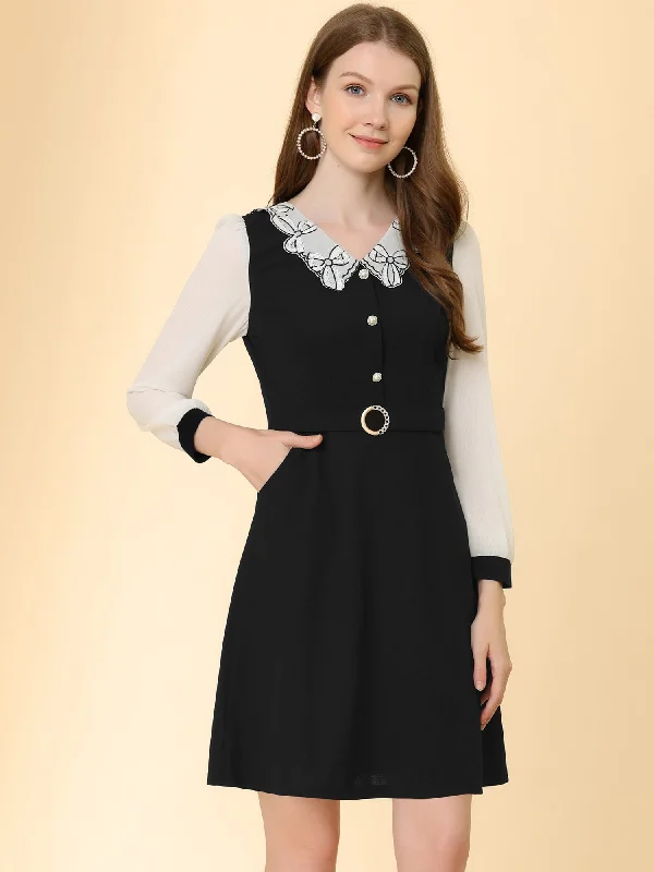 Peter Pan Collar Elegant Contract Panel Pockets A-Line Dress Monochrome unclassified dresses