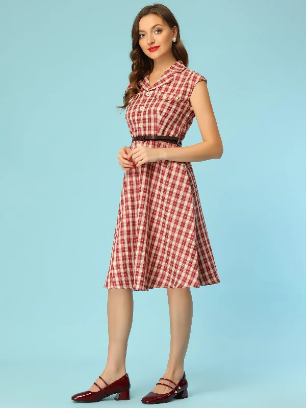 Button Front Retro Cap Sleeve Belted Waist Plaid Dress Spring unclassified dresses