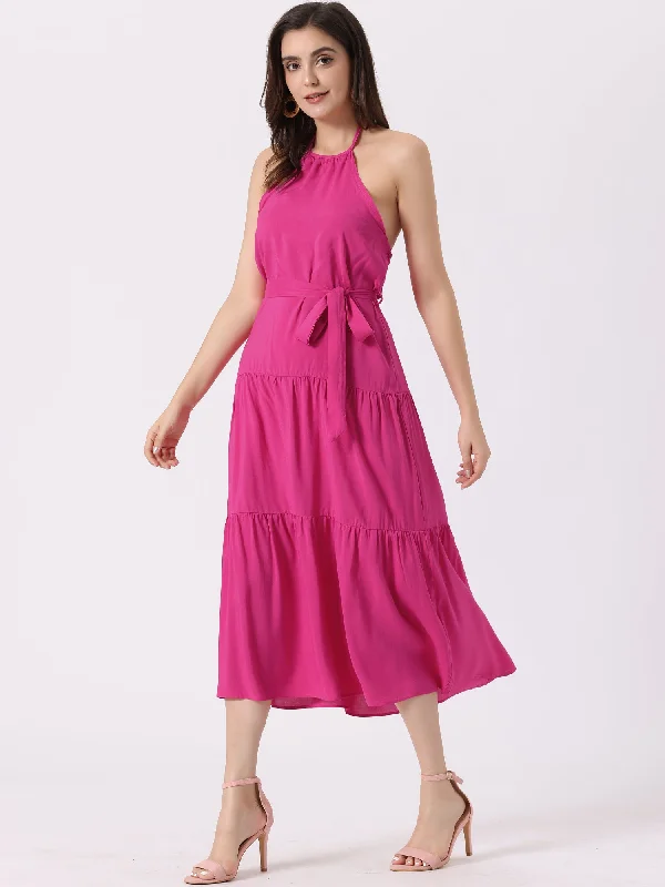 Casual Sleeveless Halter Backless A Line Solid Swing Tiered Dress Sundress Soft fabric unclassified dresses