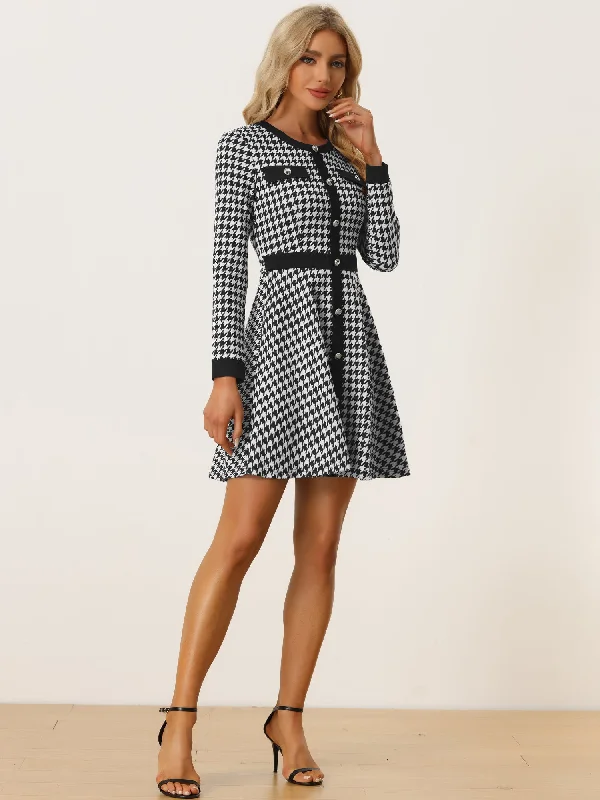 Houndstooth Plaid Contrast Color Crew Neck Button A-Line Dress Gothic unclassified dresses