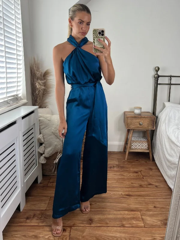 Romy Satin Halter Jumpsuit / Peacock Blue Beaded unclassified dresses