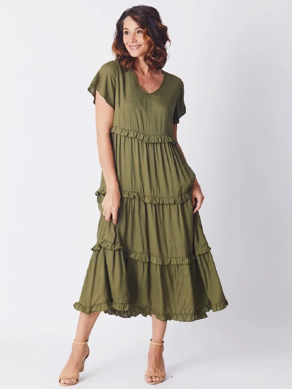 Ruffle Tier Dress - Khaki 26527-S Soft fabric unclassified dresses