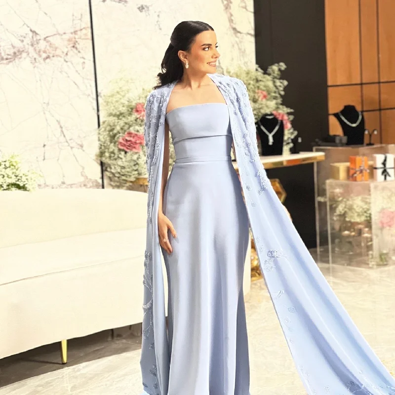 Elegant Blue Mermaid Evening Dress with Cape Sleeves SS407 Trendy unclassified dresses