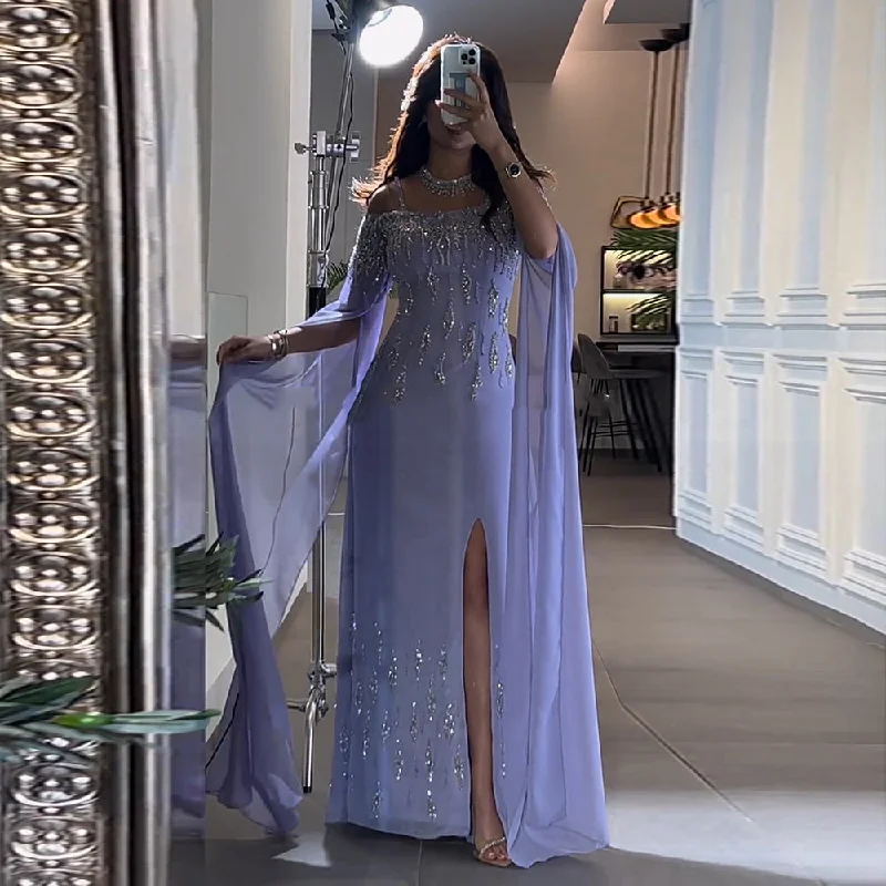 Luxury Lilac Mermaid Slit Evening Dress with Cape Sleeves SS448 Y2K unclassified dresses