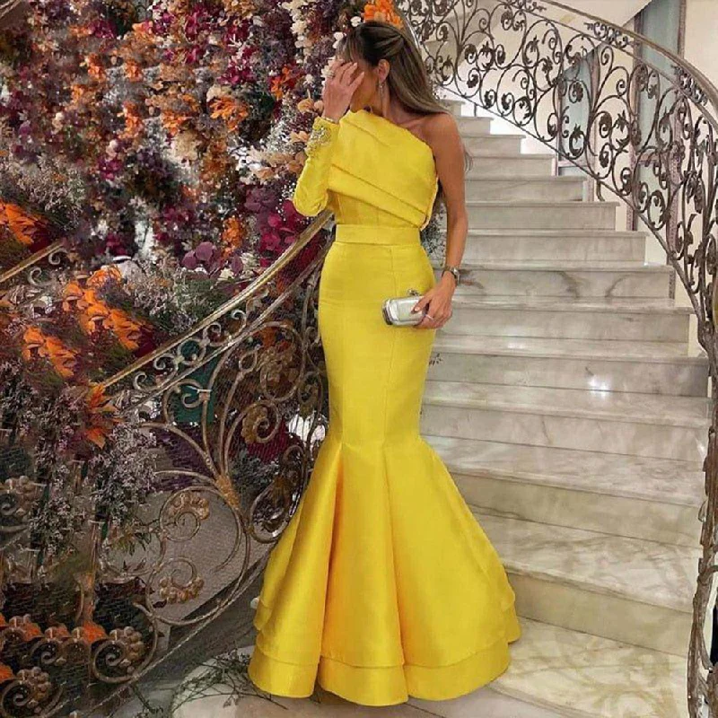 Elegant Yellow One Shoulder Mermaid Evening Dress SF014 Printed unclassified dresses