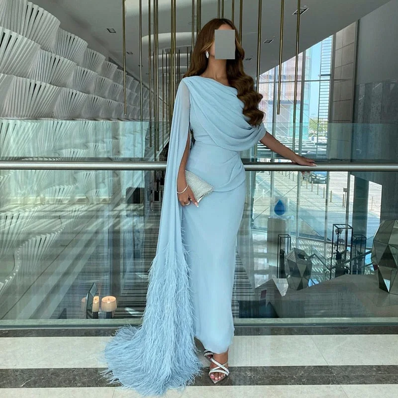 Elegant Light Blue Evening Dresses with Feathers Cape sleeve SS312 Silk unclassified dresses