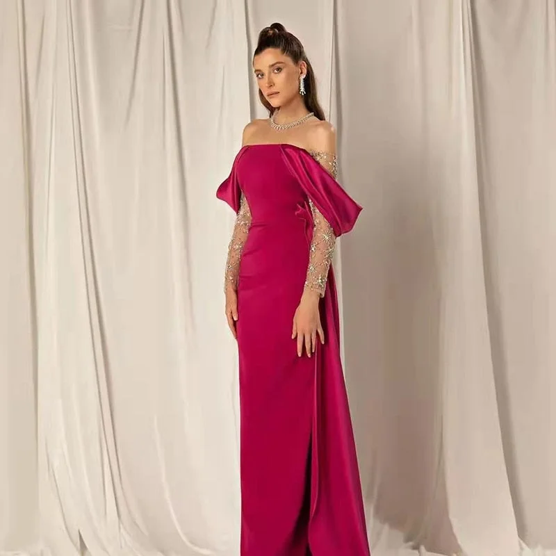 Elegant Off Shoulder Fuchsia Evening Dress with Sleeves SS332 Soft fabric unclassified dresses