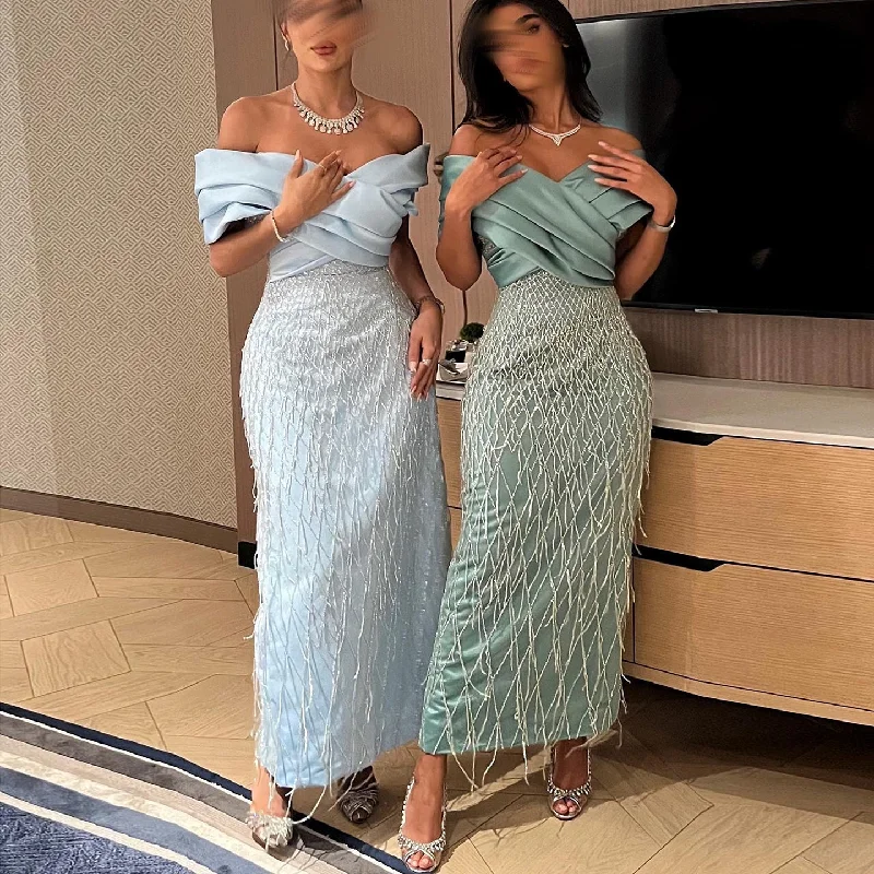 Elegant Off Shoulder Sage Green Tassel Evening Dress SS447 Printed unclassified dresses