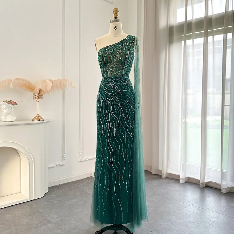 Emerald Green One Shoulder Evening Dress with Cape Sleeve SS219 Festival unclassified dresses