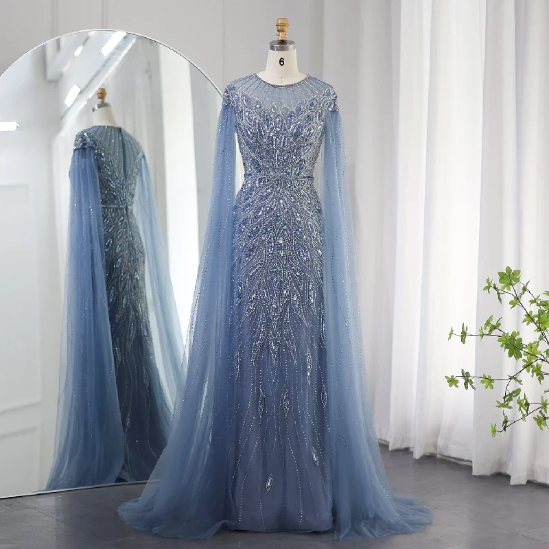 Luxury Blue Mermaid Evening Dress with Cape Sleeves SS009 Sexy unclassified dresses