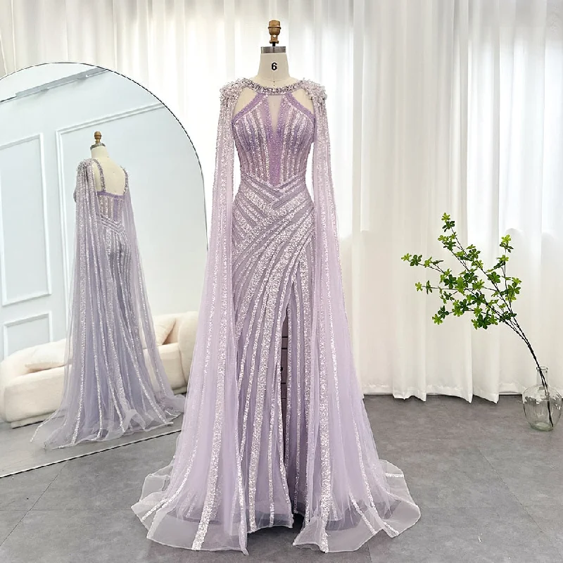 Luxury Crystal Lilac Evening Dress with Cape Sleeves SS203 Flowy unclassified dresses