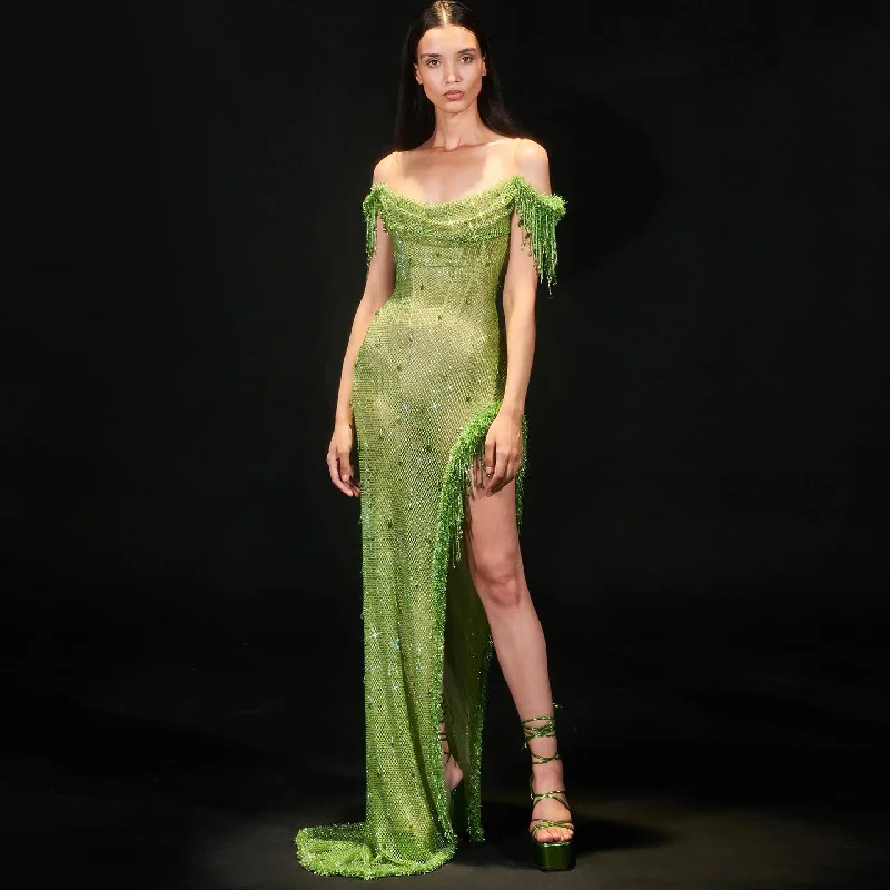 Luxury Tassel Sage Green Slit Evening Dress SS382 Holiday unclassified dresses