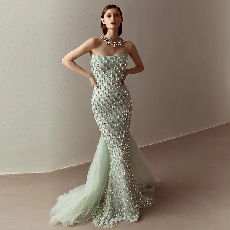 Luxury Crystal Pearls Sage Green Evening Dress with Cape SS431 Lightweight unclassified dresses