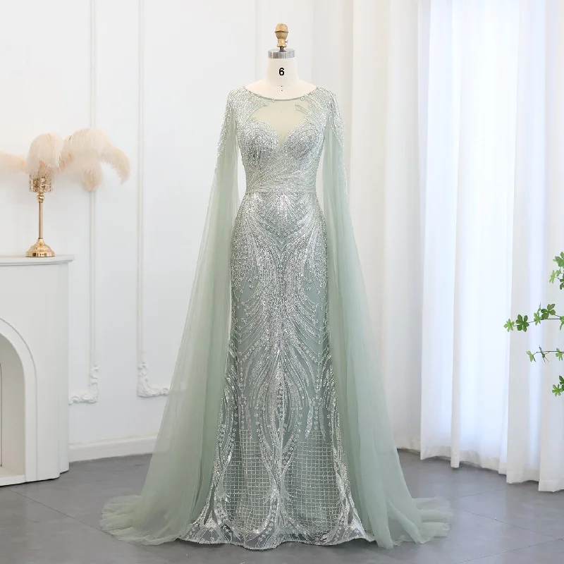 Luxury Sage Green Evening Dress with Cape Sleeves SS049 Tulle unclassified dresses