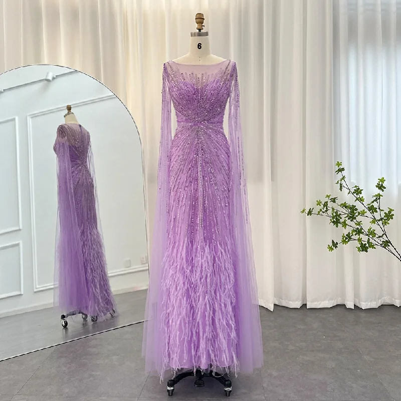 Luxury Lilac Feathers Evening Dress with Cape Sleeves SS196 A-line unclassified dresses