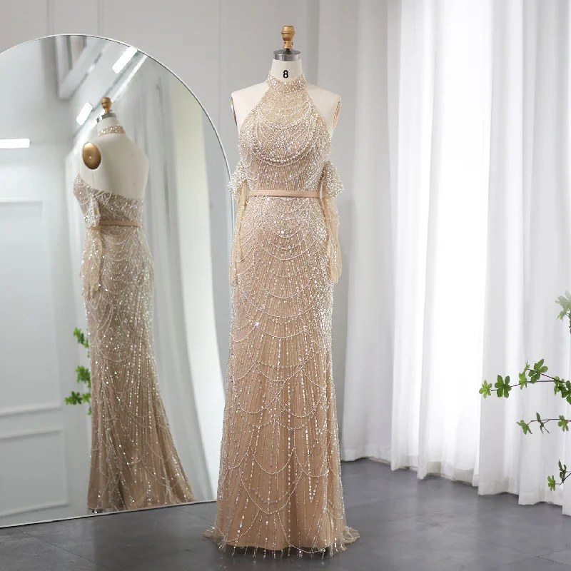 Luxury Nude Halter Mermaid Evening Dress with Gloves SS289 Unique unclassified dresses