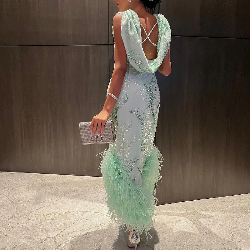 Luxury Feather Sage Green Criss Cross Evening Dress SS436 Street style unclassified dresses