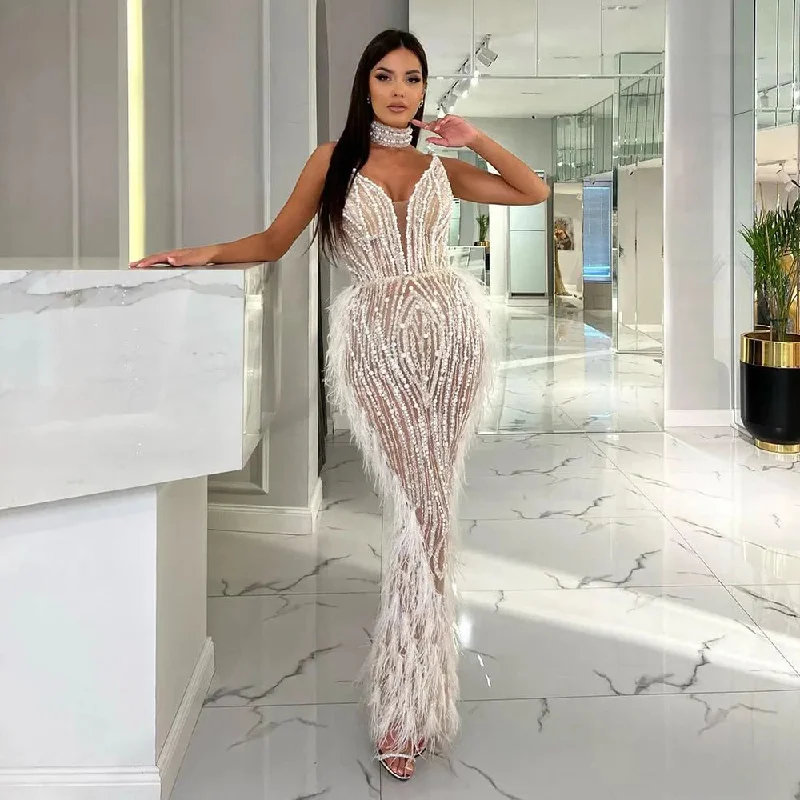 Luxury Feather Nude Mermaid Spaghetti Evening Dress with Cape SS185 One-shoulder unclassified dresses