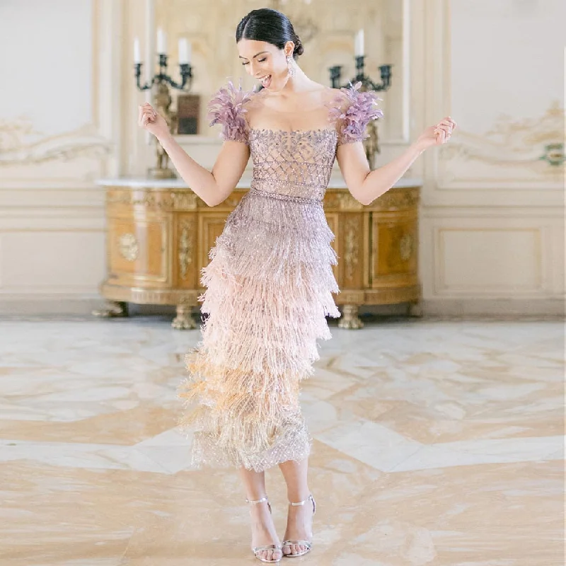 Luxury Feathers Tassel Lilac Evening Dress SS379 Discounted unclassified dresses