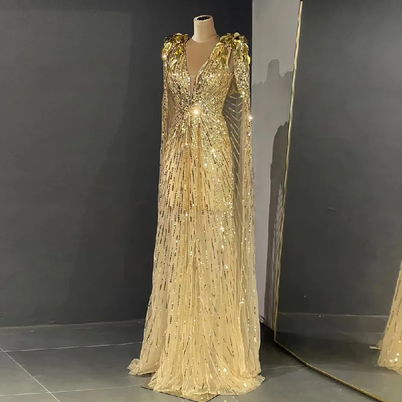 Luxury Sparkly Gold Evening Dress with Cape SS562 Wedding guest unclassified dresses