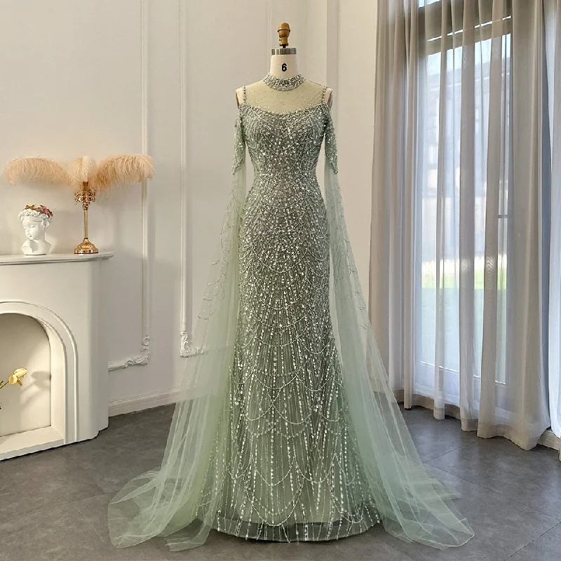 Luxury Sage Green Evening Dress with Cape Sleeves SS205 Beach unclassified dresses