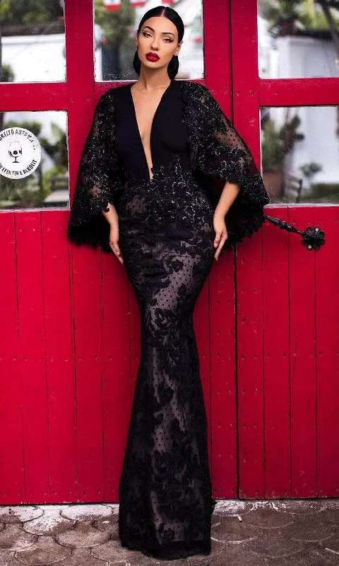 Tarik Ediz 93821 - Beaded Applique Cape Evening Dress Discounted unclassified dresses