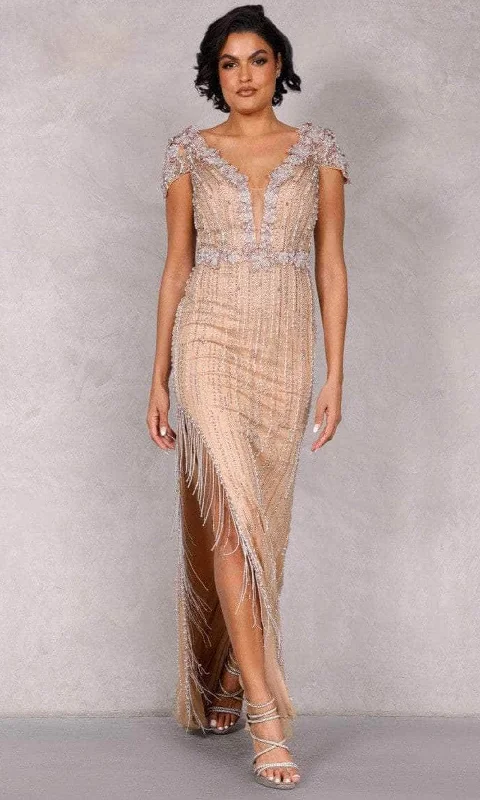 Terani Couture 2027GL3259 - Fringed Slit Beaded Evening Dress Striped unclassified dresses