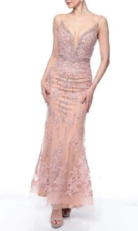 Terani Couture - Bedazzled Deep V-neck Trumpet Dress 1922GL0681 - 1 pc Rose Blush In Size 14 Available Club unclassified dresses