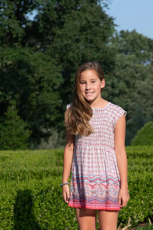 The Cloey Smocked Dress For Girls in Coral Cocktail unclassified dresses