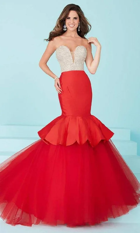 Tiffany Designs - Captivating Rhinestone and Crystal Beaded Deep Sweetheart Mermaid Dress 16217 - 1 pc Champagne/Red In Size 4 Available Elegant evening unclassified dresses