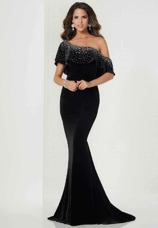 Tiffany Designs Fitted Embellished Asymmetric Trumpet Gown 46125 Stretchy unclassified dresses