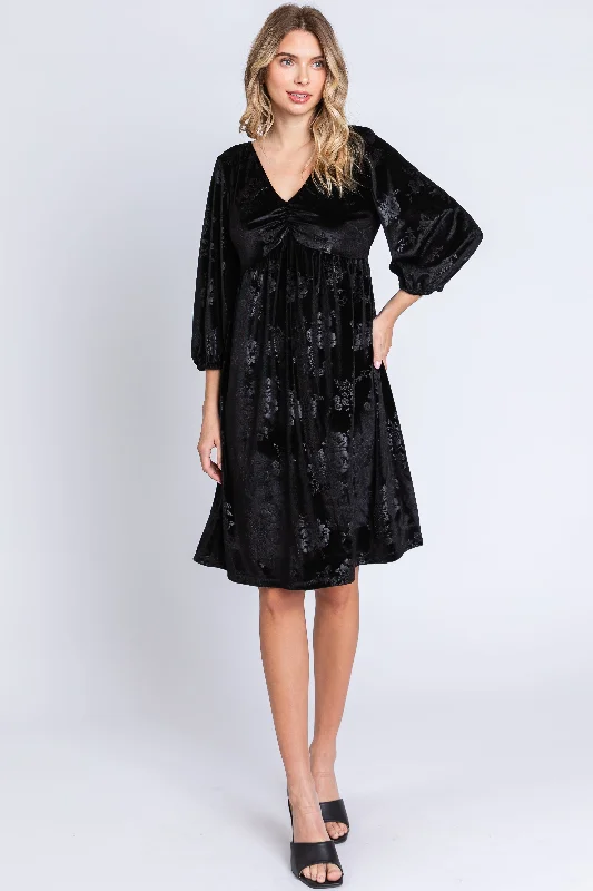 Black Velvet Floral Ruched Neck Dress Budget-friendly floral dresses