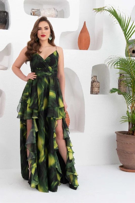 Angelino Green Printed Long Evening Dress with Low-cut Legs Cottagecore floral dresses