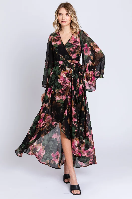 Green Floral Chiffon Wrap Front Hi-Low Dress Maxi floral dresses