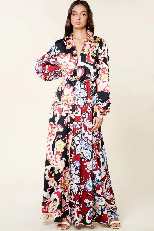 Color Block Printed V Neck Dress Retro floral dresses