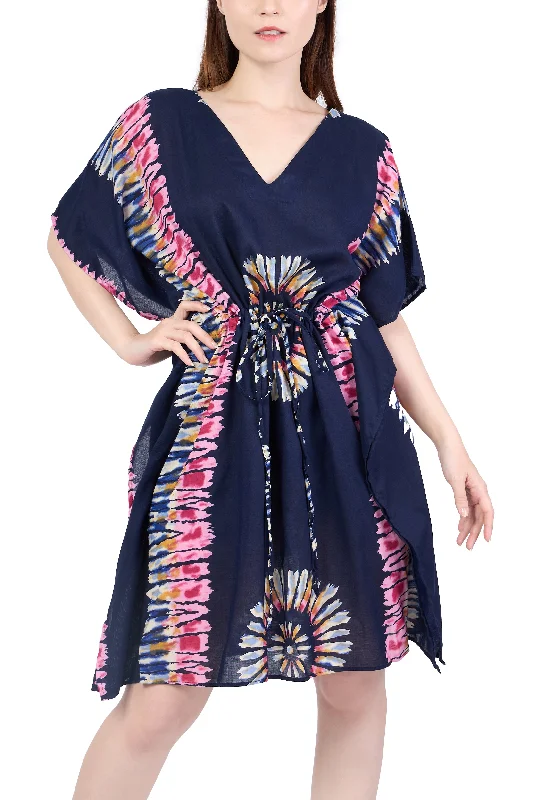 Rayon Boho Tops Dress Kimono - Dark Blue Printed Colorful Chiffon floral dresses