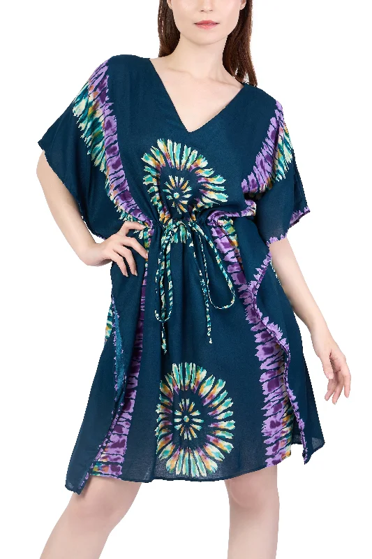 Rayon Boho Tops Dress Kimono - Teal Printed Colorful Best floral dresses for elegant looks