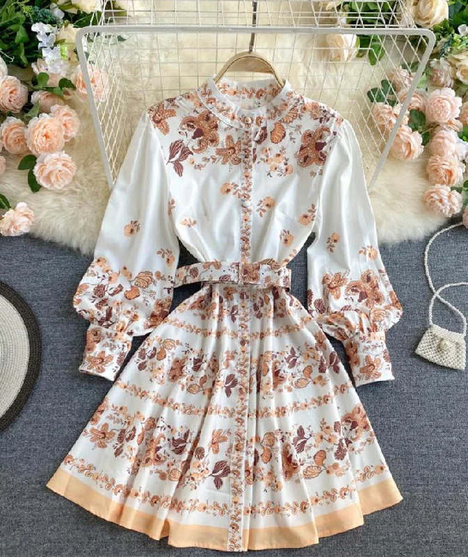 Retro print slim long sleeve dress  1031 Beach floral dresses