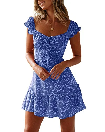 Womens Smocked Dress Ruffle Floral Tie Front Boho Short Dresses Best floral dresses for outdoor weddings